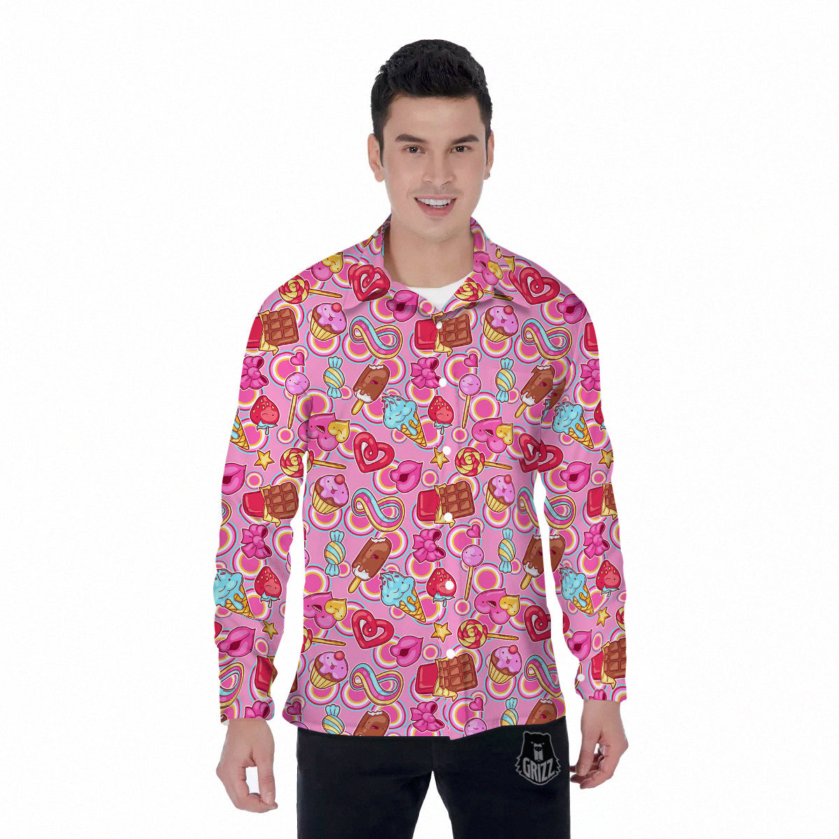 Pink Sweet Candy Print Pattern Men's Long Sleeve Shirts-grizzshop