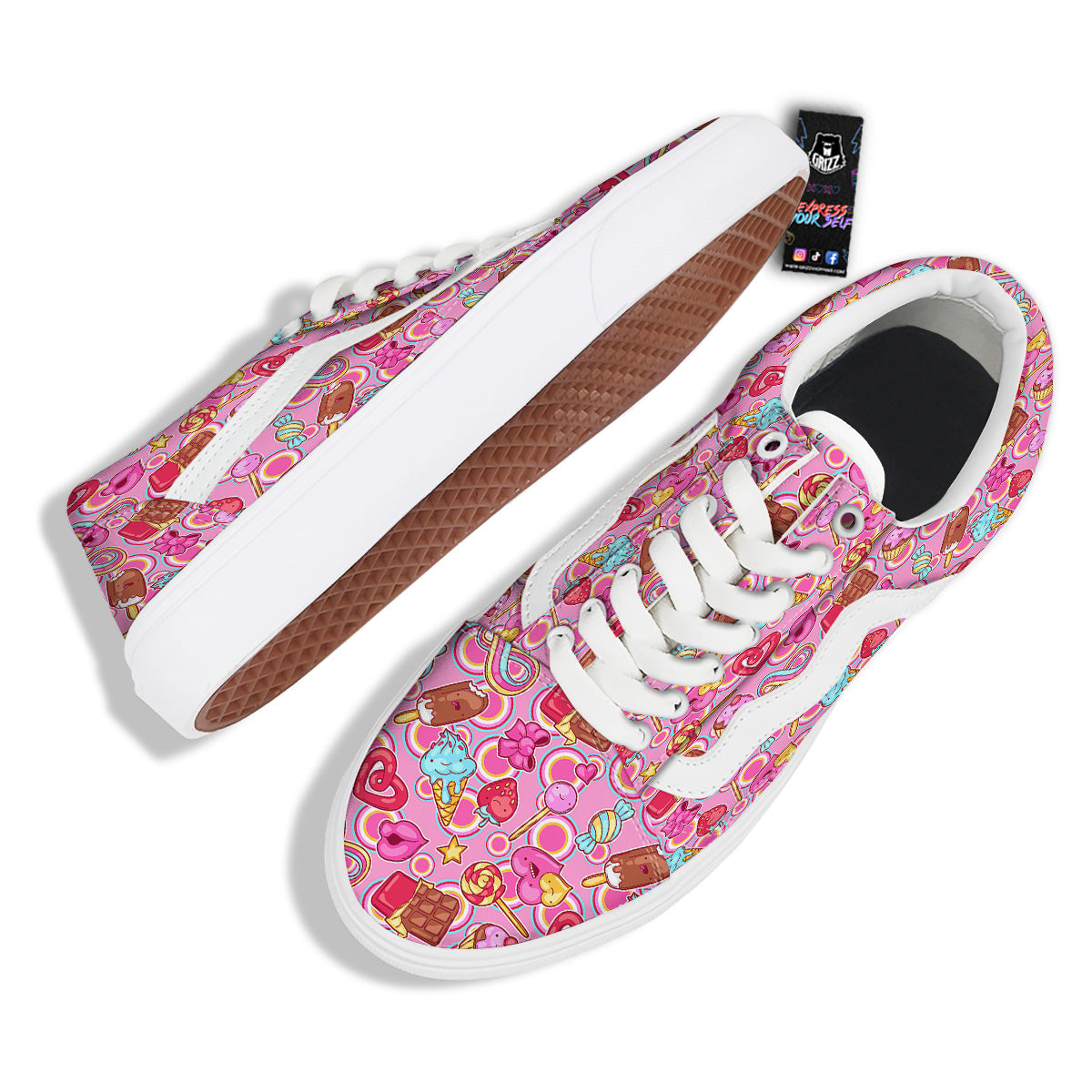 Pink Sweet Candy Print Pattern Skate Shoes-grizzshop