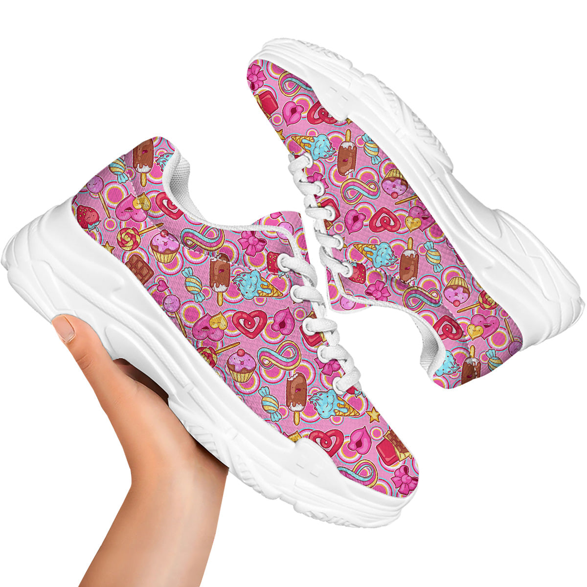 Pink Sweet Candy Print Pattern White Chunky Shoes-grizzshop