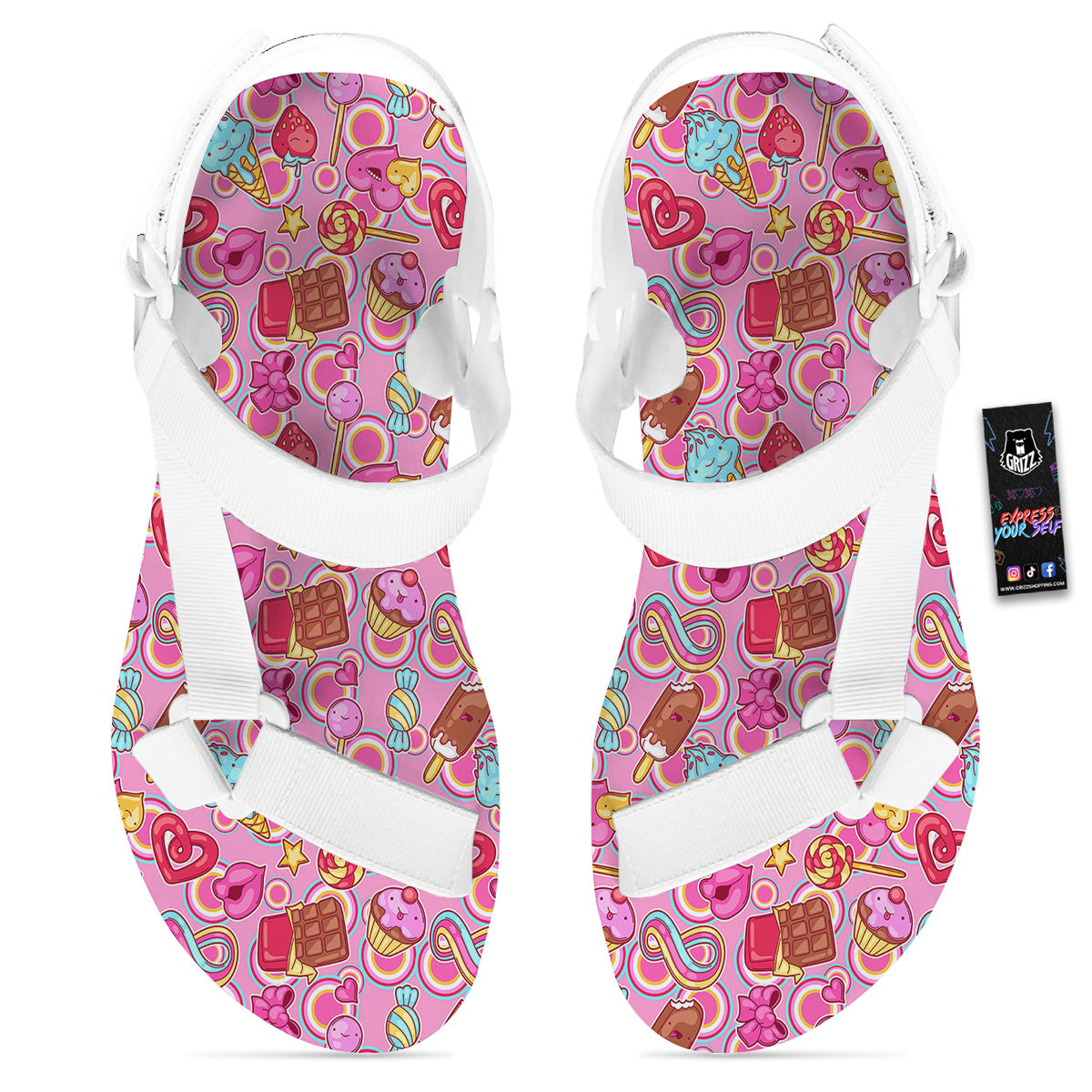 Pink Sweet Candy Print Pattern White Open Toe Sandals-grizzshop