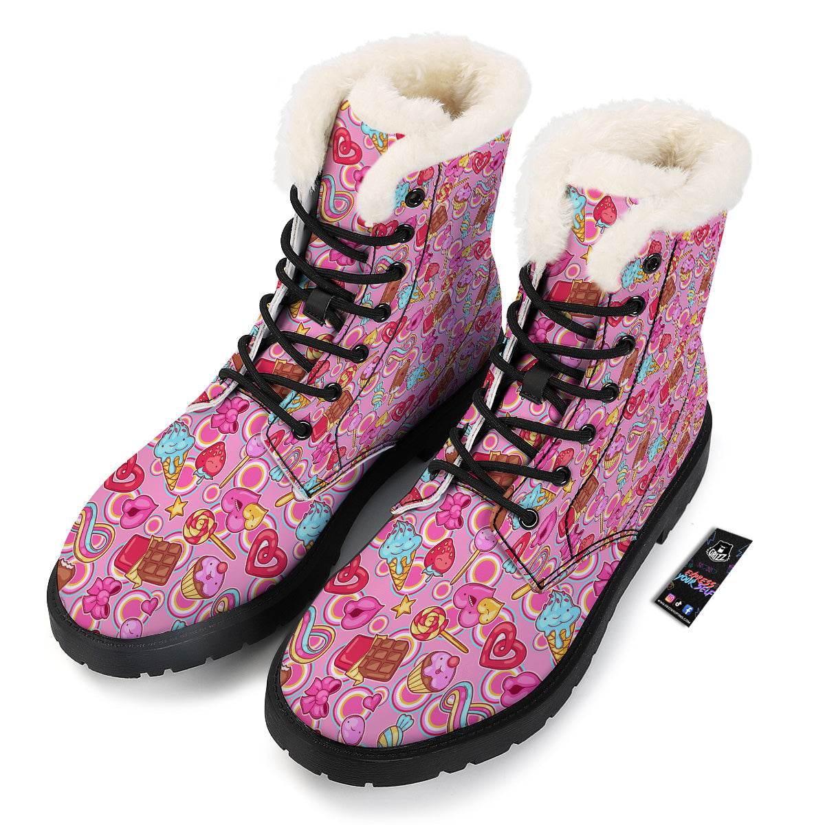 Pink Sweet Candy Print Pattern Winter Boots-grizzshop