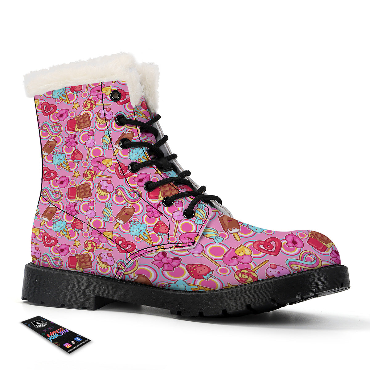 Pink Sweet Candy Print Pattern Winter Boots-grizzshop