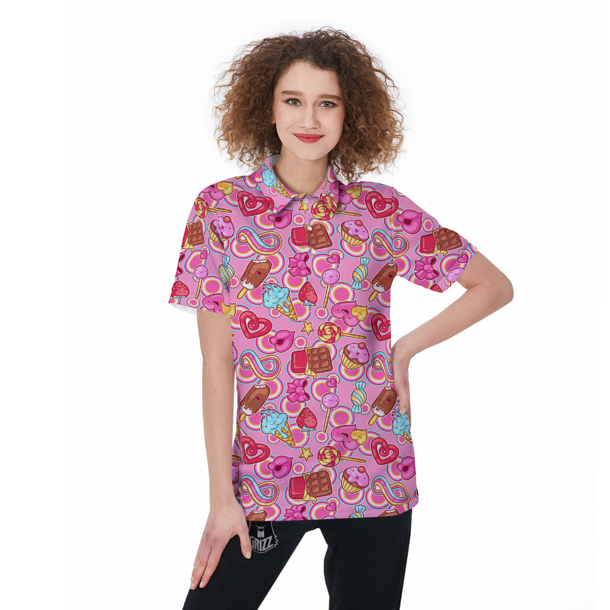 Pink Sweet Candy Print Pattern Women's Golf Shirts-grizzshop