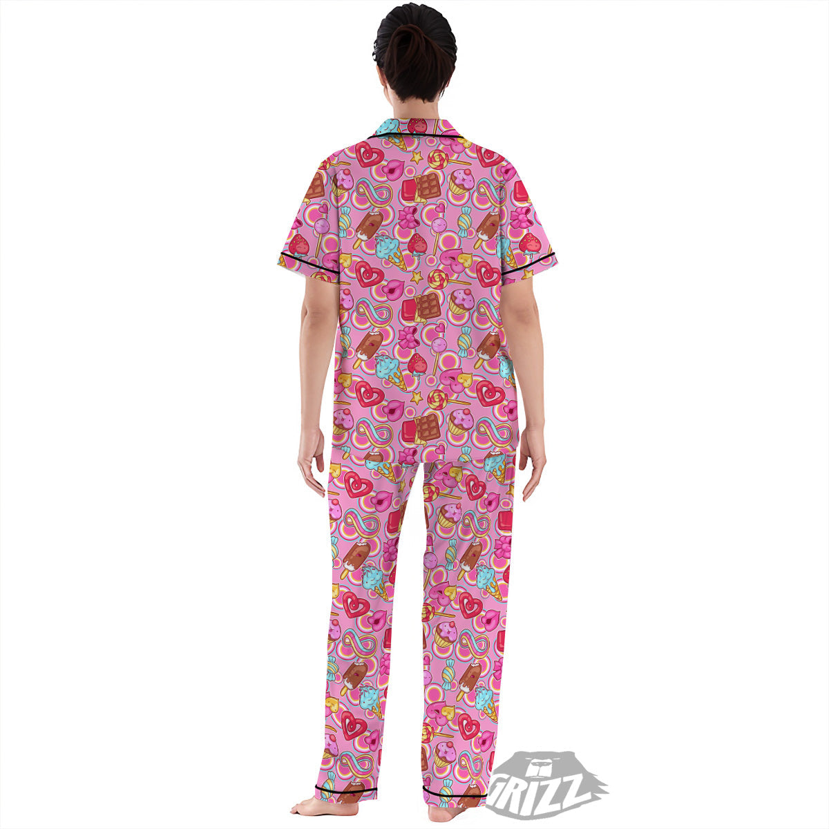 Pink Sweet Candy Print Pattern Women's Pajamas Set-grizzshop