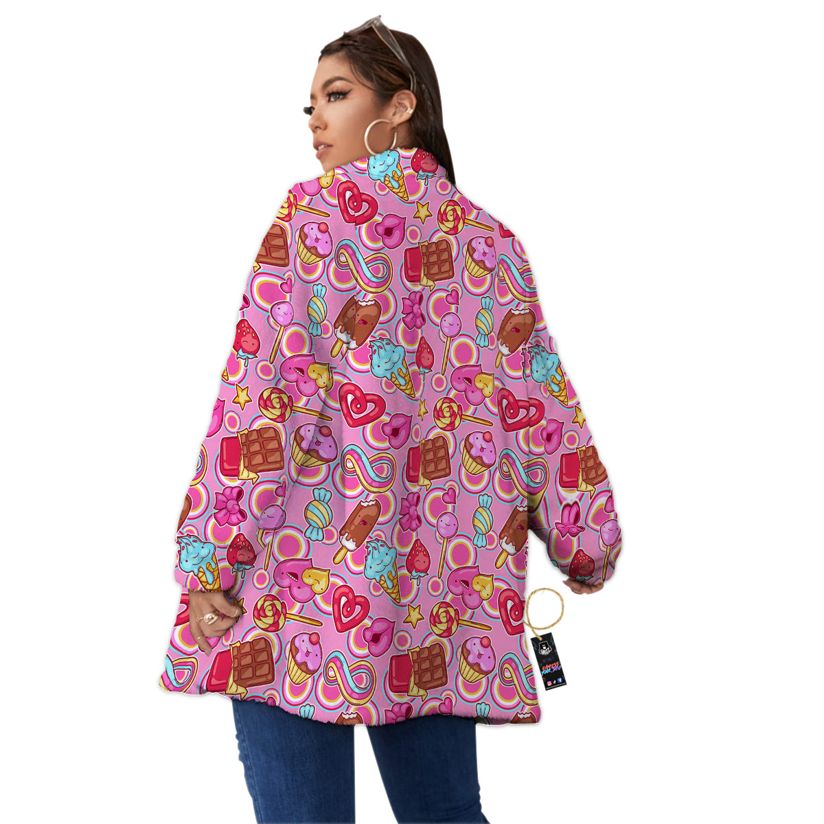 Pink Sweet Candy Print Pattern Women's Sherpa Jacket-grizzshop