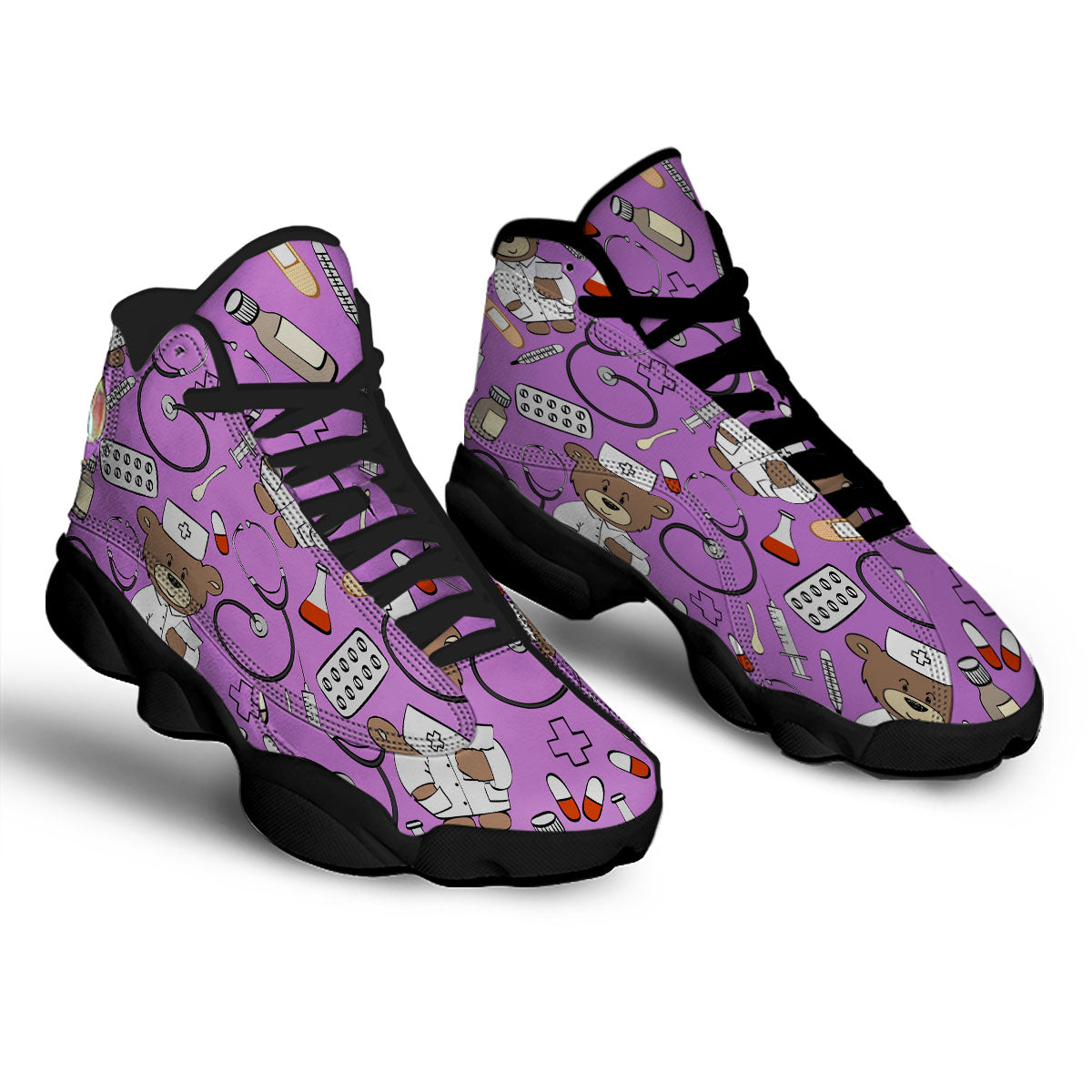 Pink Teddy Bear Nurse Black Basketball Shoes-grizzshop