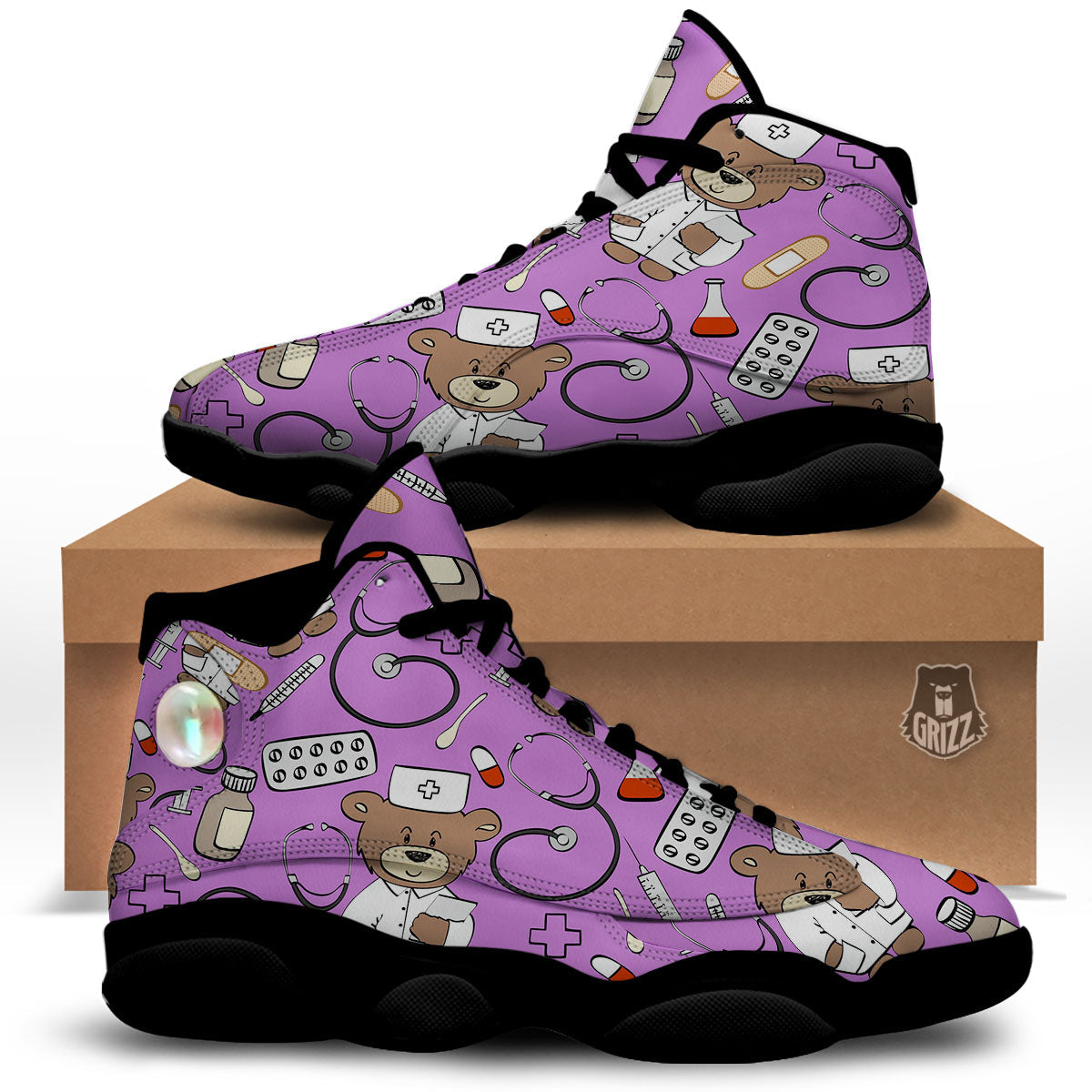 Pink Teddy Bear Nurse Black Basketball Shoes-grizzshop