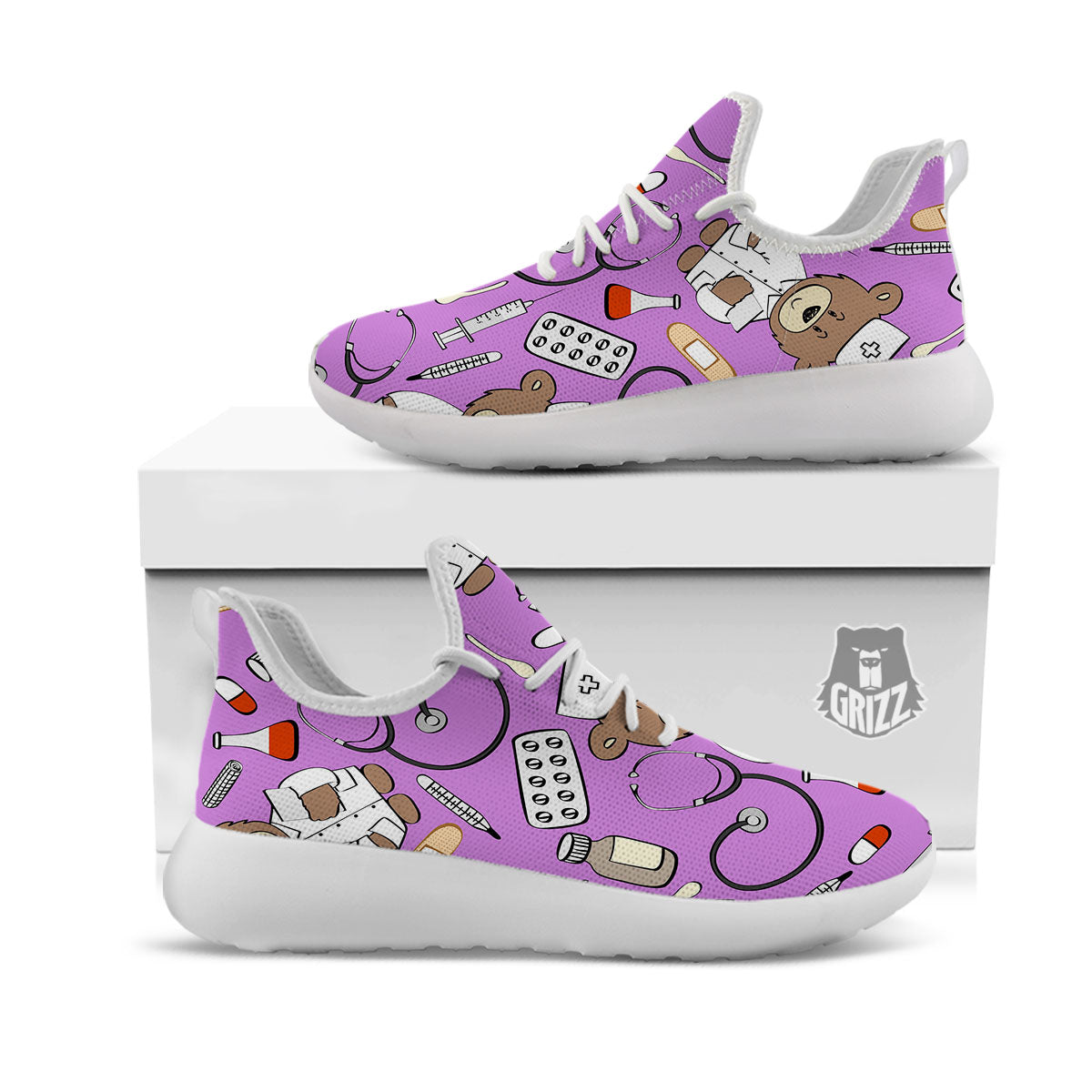 Pink Teddy Bear Nurse White Athletic Shoes-grizzshop