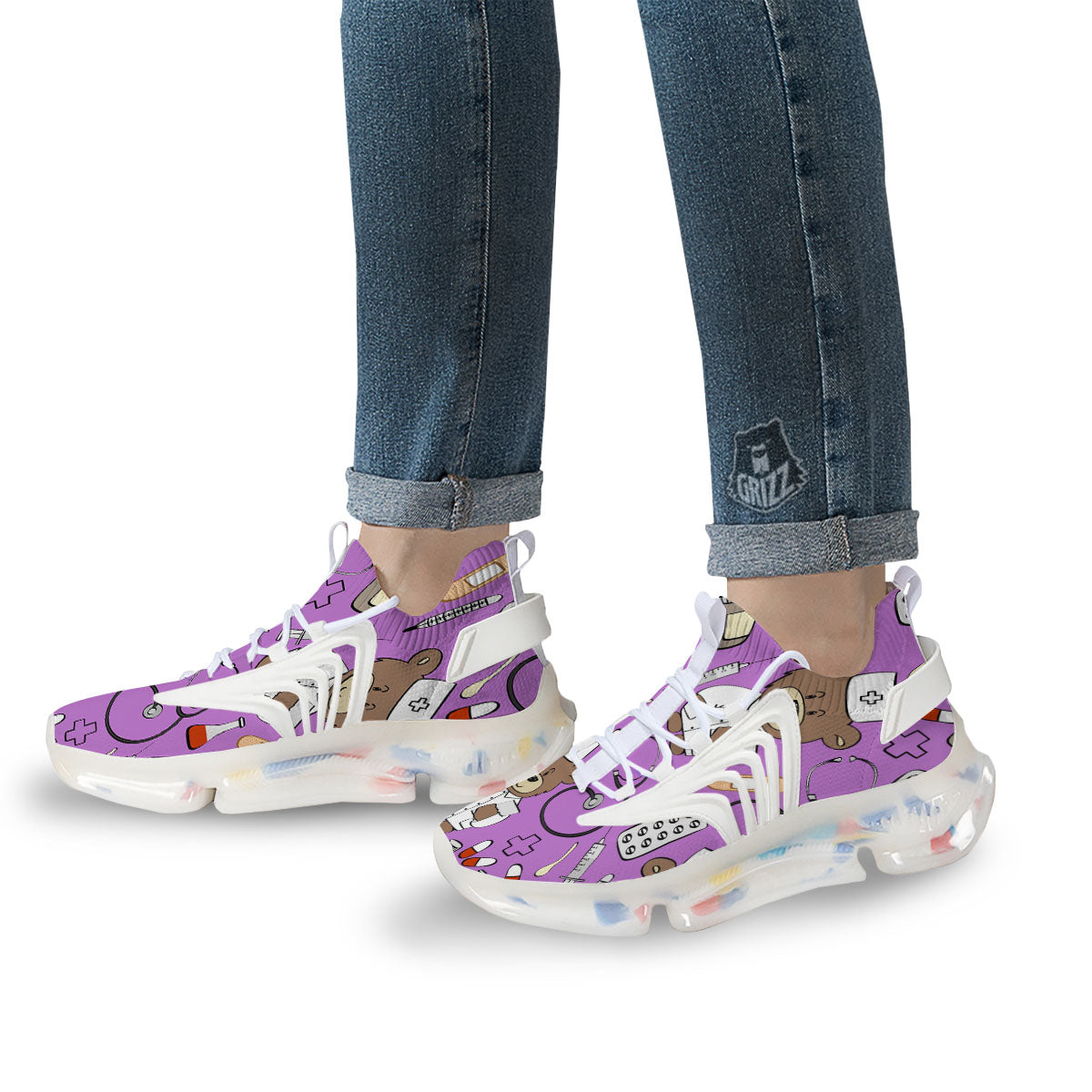 Pink Teddy Bear Nurse White Gym Shoes-grizzshop