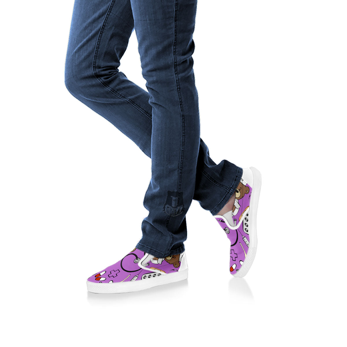 Pink Teddy Bear Nurse White Slip On Shoes-grizzshop
