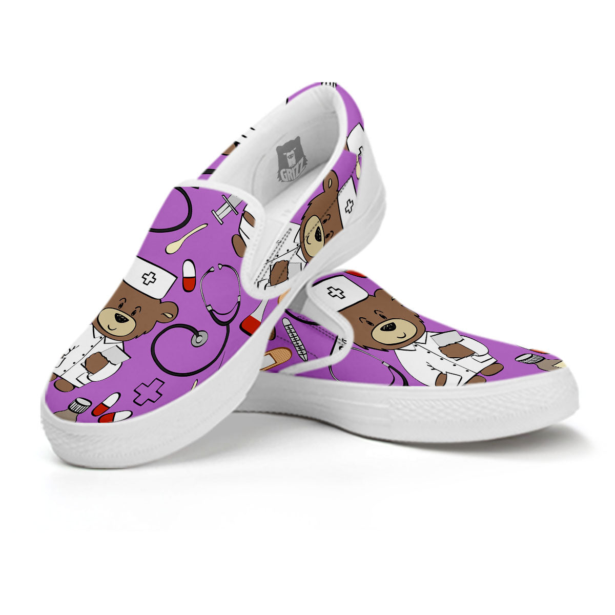 Pink Teddy Bear Nurse White Slip On Shoes-grizzshop