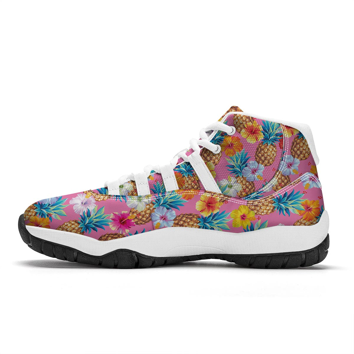 Pink Tropical Hawaiian Hibiscus Pineapple Print White Bball Shoes-grizzshop