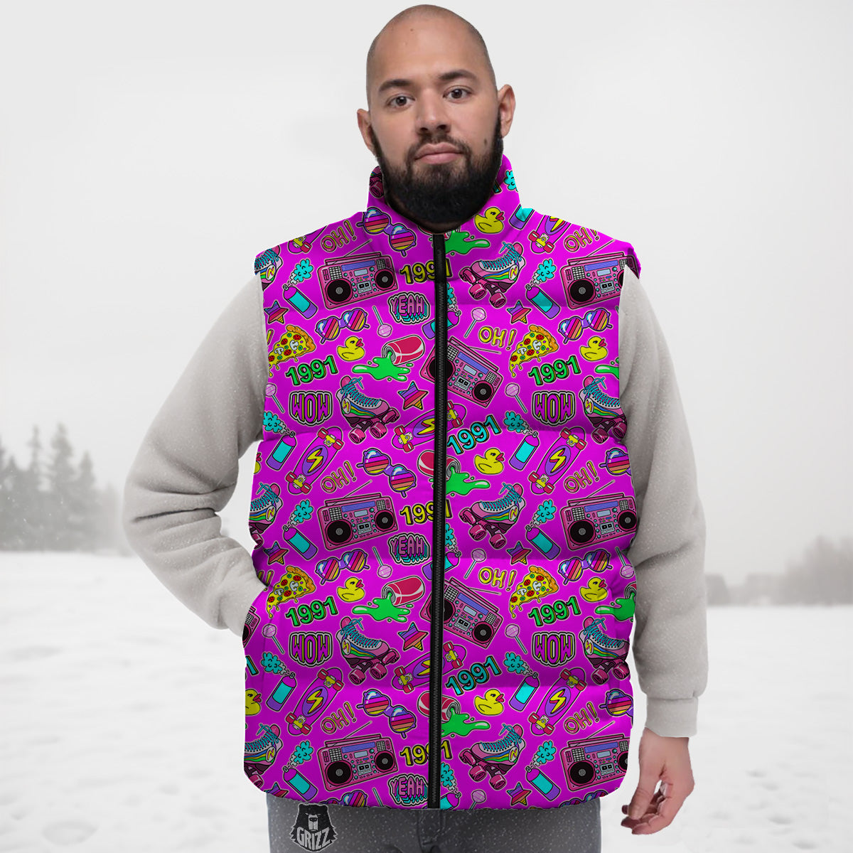 Pink Tropical Palm Leaves Hawaiian Pattern Print Down Vest-grizzshop
