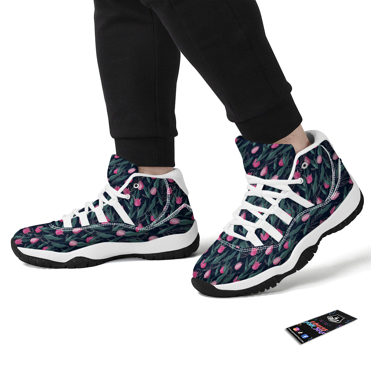 Pink Tulip And Black Print Pattern White Bball Shoes-grizzshop