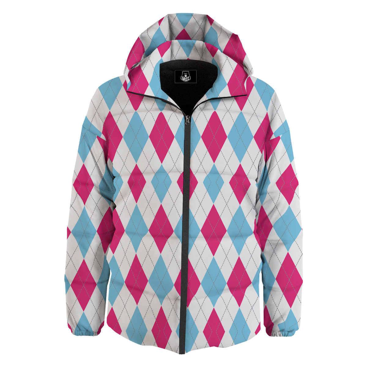 Pink White And Blue Argyle Print Pattern Down Jacket-grizzshop