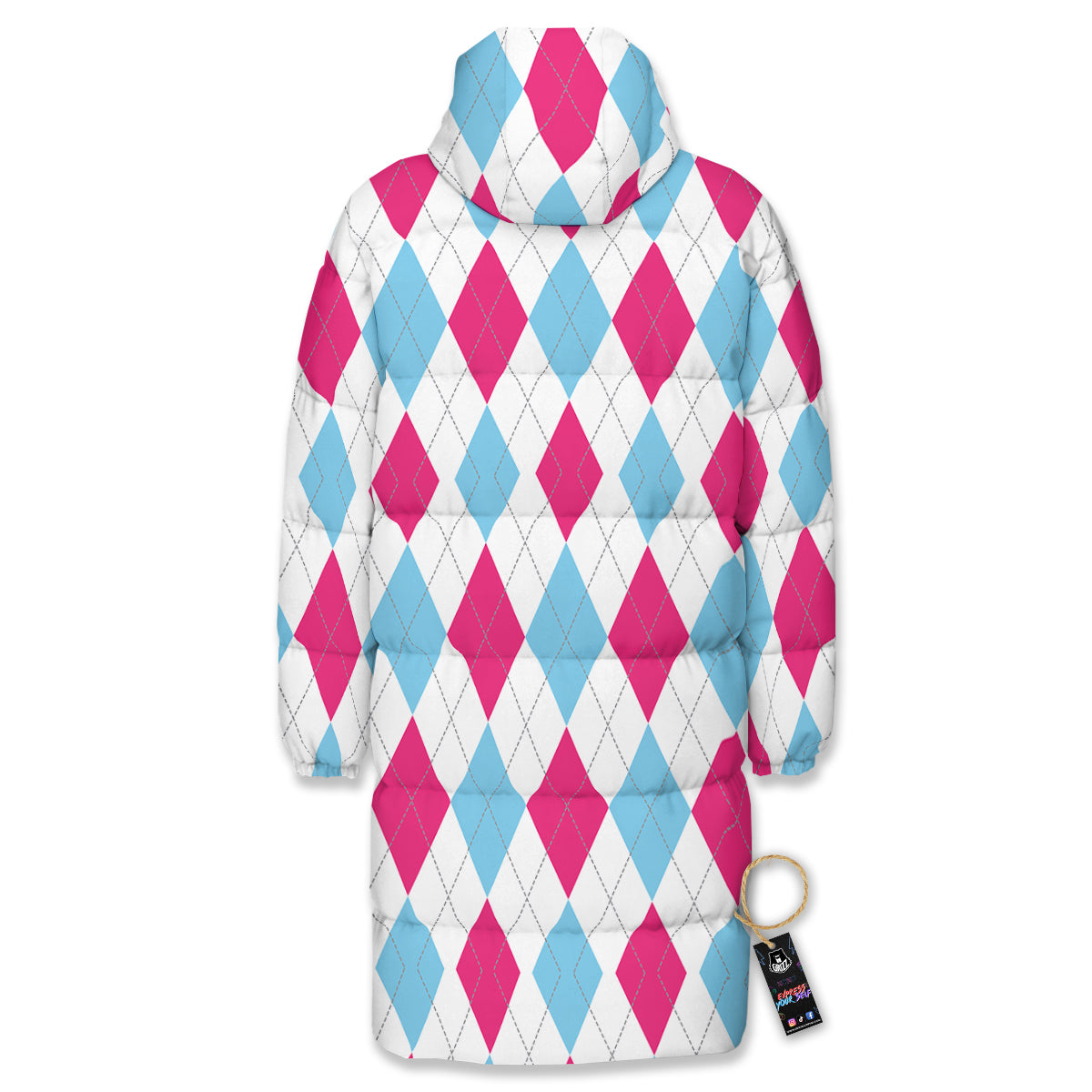 Pink White And Blue Argyle Print Pattern Long Down Jacket-grizzshop