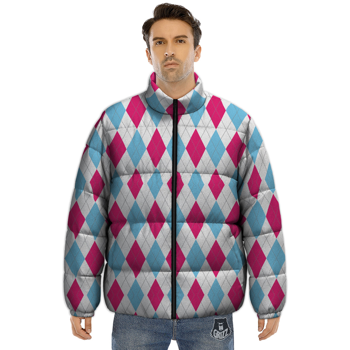 Pink White And Blue Argyle Print Pattern Puffer Jacket-grizzshop
