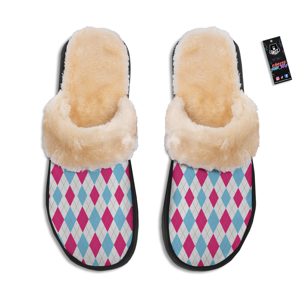 Pink White And Blue Argyle Print Pattern Slippers-grizzshop
