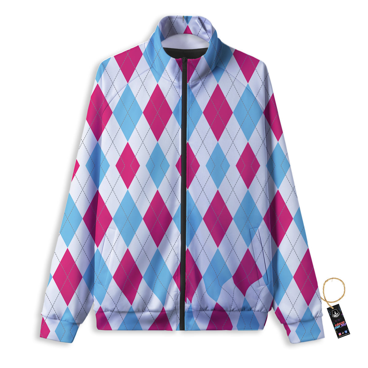Pink White And Blue Argyle Print Pattern Track Jacket-grizzshop