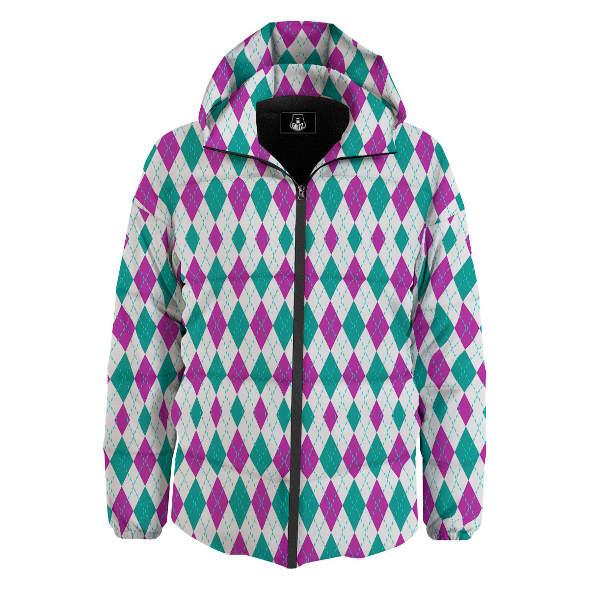 Pink White And Green Argyle Print Pattern Down Jacket-grizzshop