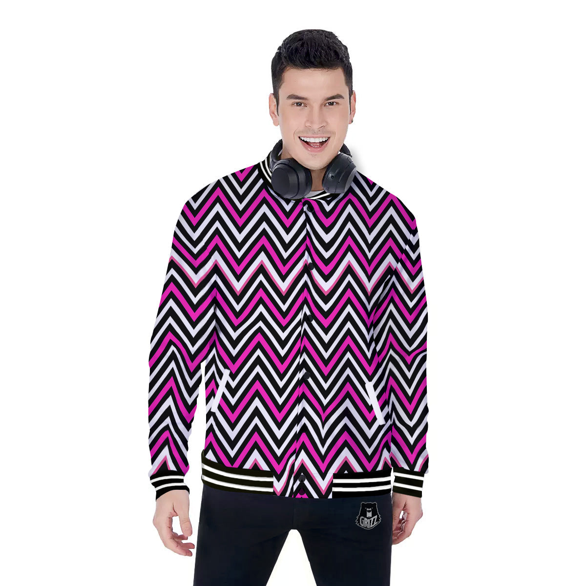 Pink White Black Zigzag Print Pattern Baseball Jacket-grizzshop