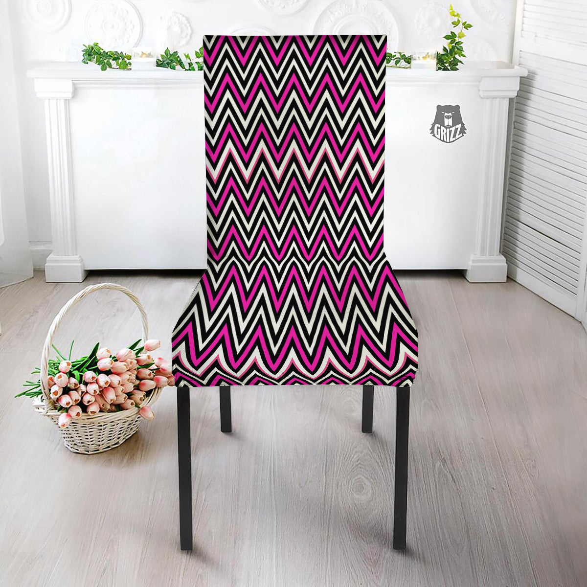 Pink White Black Zigzag Print Pattern Dining Chair Slipcover-grizzshop