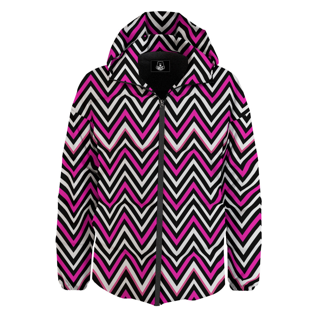 Pink White Black Zigzag Print Pattern Down Jacket-grizzshop