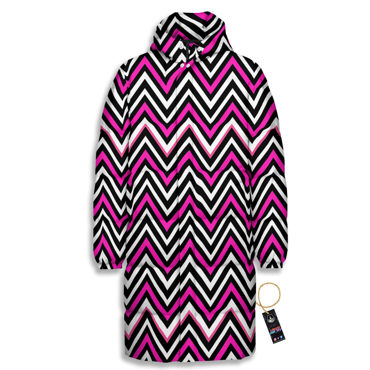 Pink White Black Zigzag Print Pattern Long Down Jacket-grizzshop