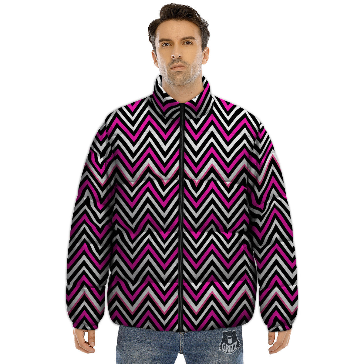 Pink White Black Zigzag Print Pattern Puffer Jacket-grizzshop