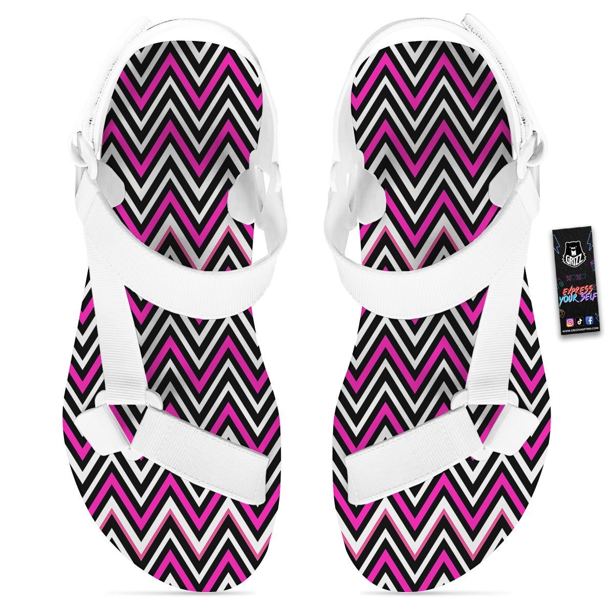 Pink White Black Zigzag Print Pattern White Open Toe Sandals-grizzshop