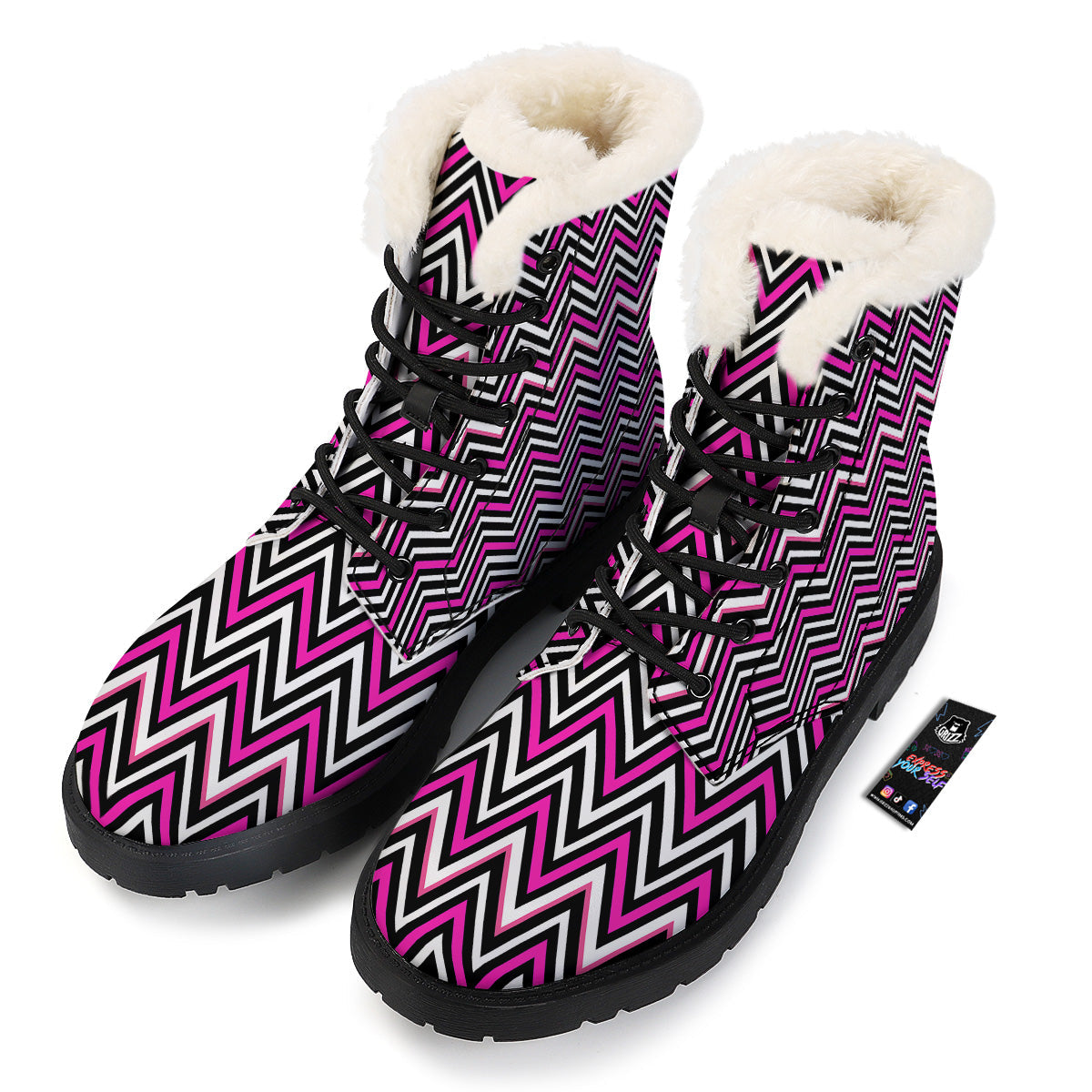 Pink White Black Zigzag Print Pattern Winter Boots-grizzshop