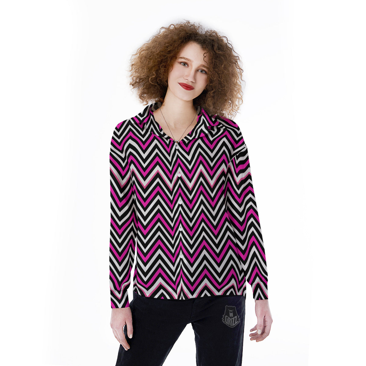 Pink White Black Zigzag Print Pattern Women's Long Sleeve Shirts-grizzshop