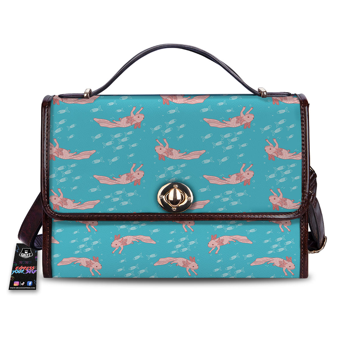 Pink Axolotl Teal Print Pattern Women's Satchel Bag
