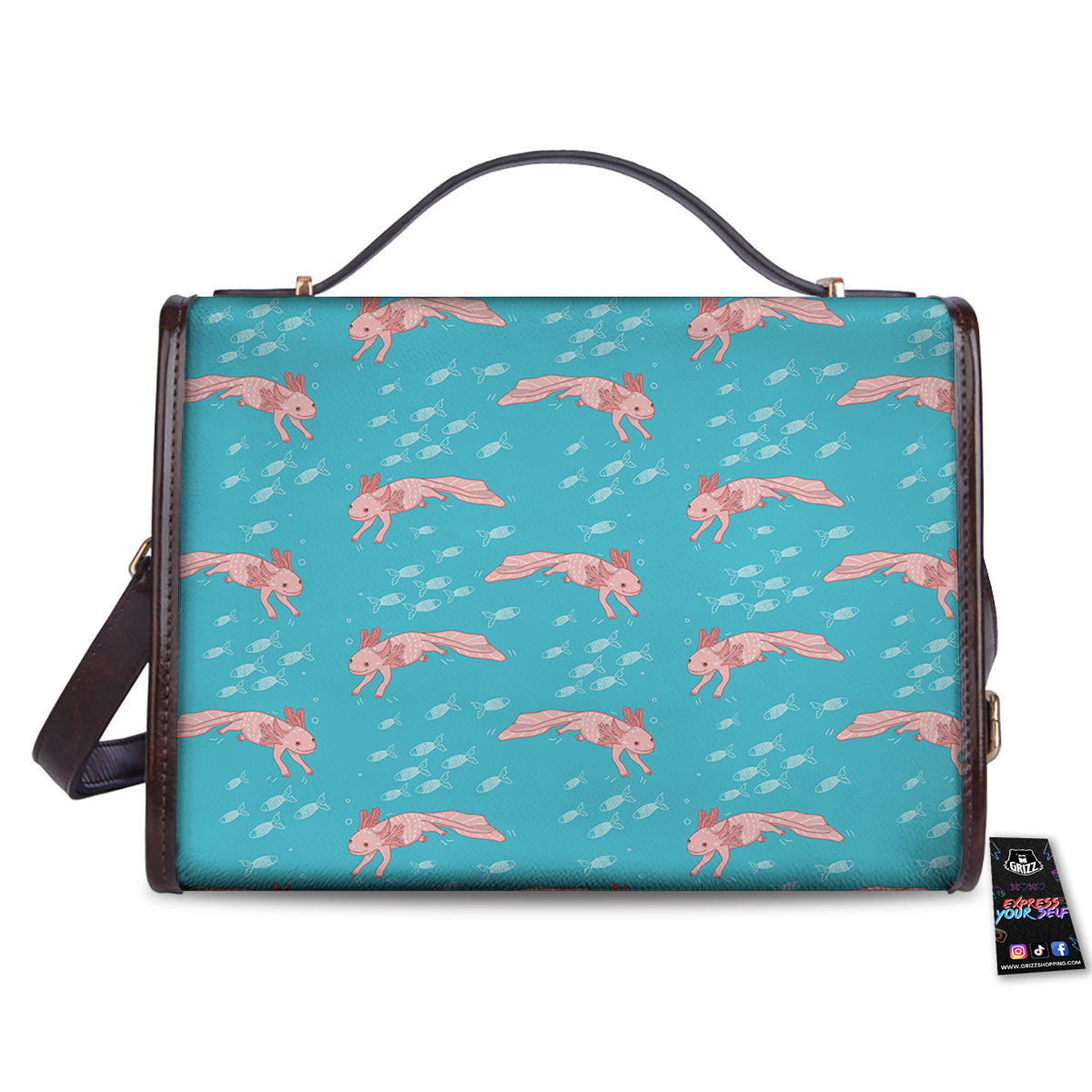Pink Axolotl Teal Print Pattern Women's Satchel Bag