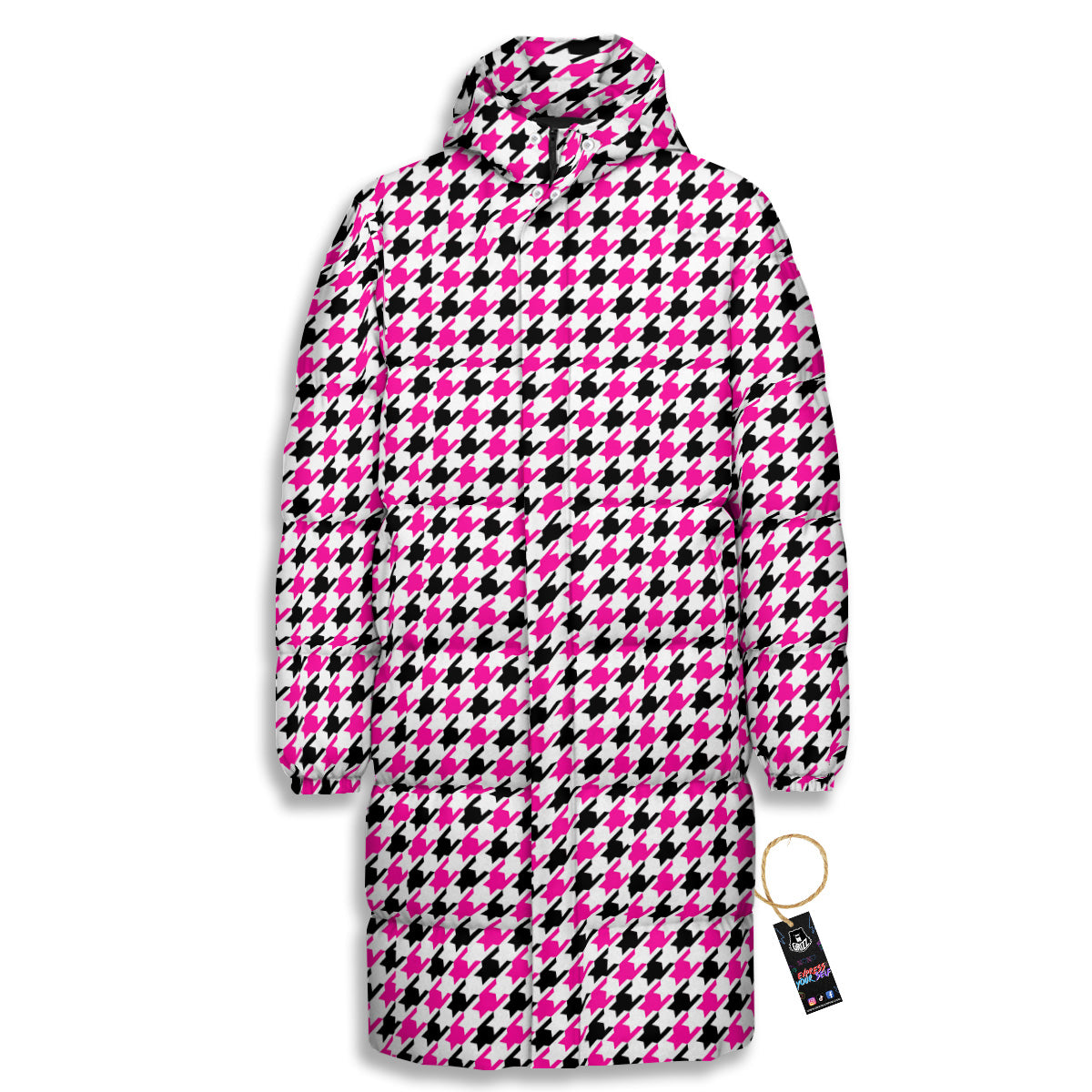 Pink Blac And White Houndstooth Print Long Down Jacket