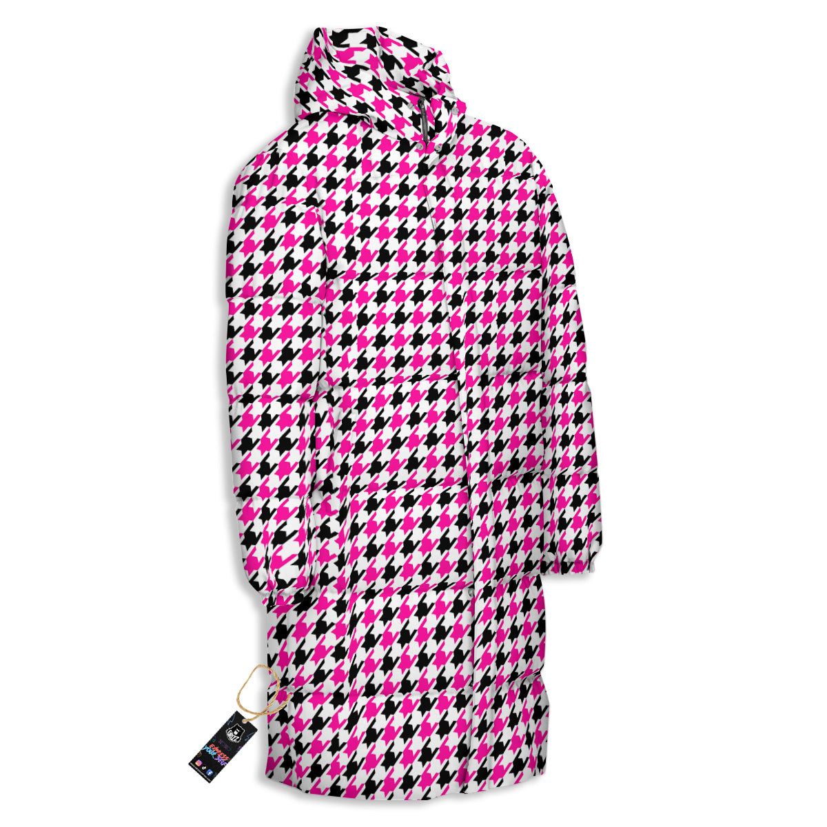 Pink Blac And White Houndstooth Print Long Down Jacket