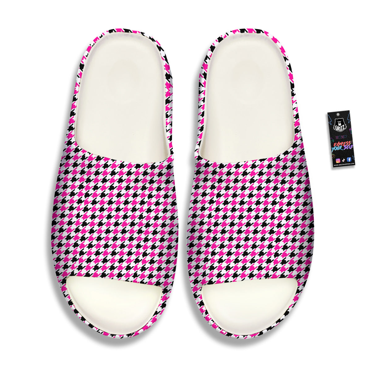 Pink Blac And White Houndstooth Print Sandals-grizzshop