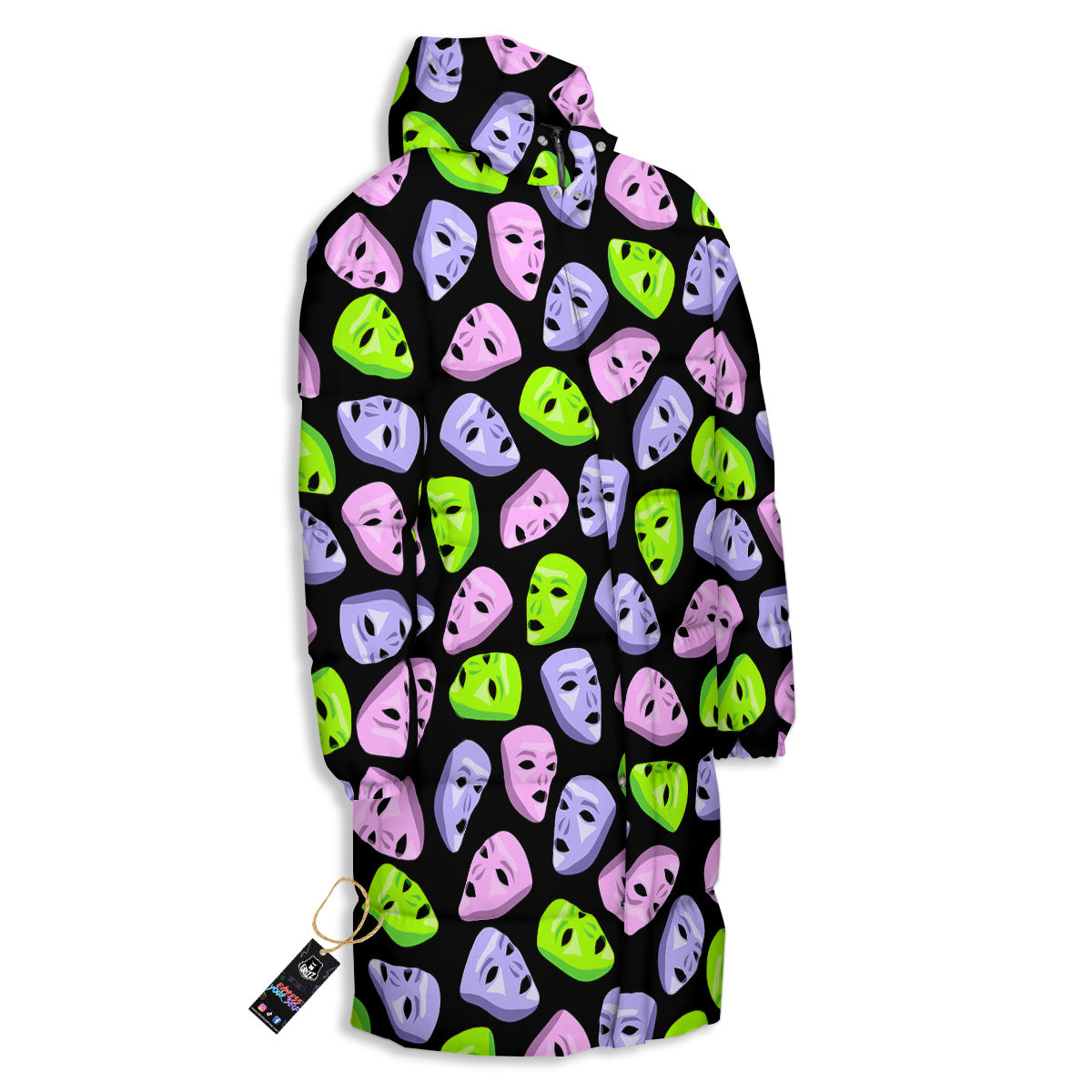 Pink Green And Purple Theater Masks Print Pattern Long Down Jacket