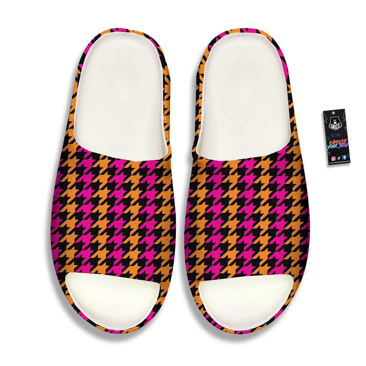 Pink Orange And Black Houndstooth Print Sandals-grizzshop