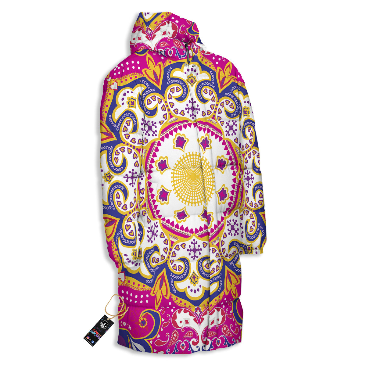 Pink Paisley And Mandala Print Long Down Jacket