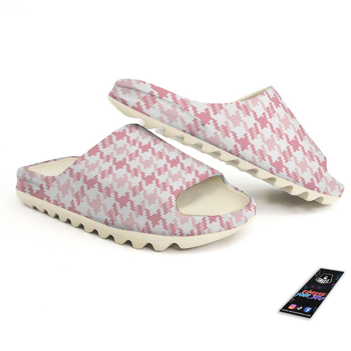 Pink Pastel And White Houndstooth Print Sandals-grizzshop