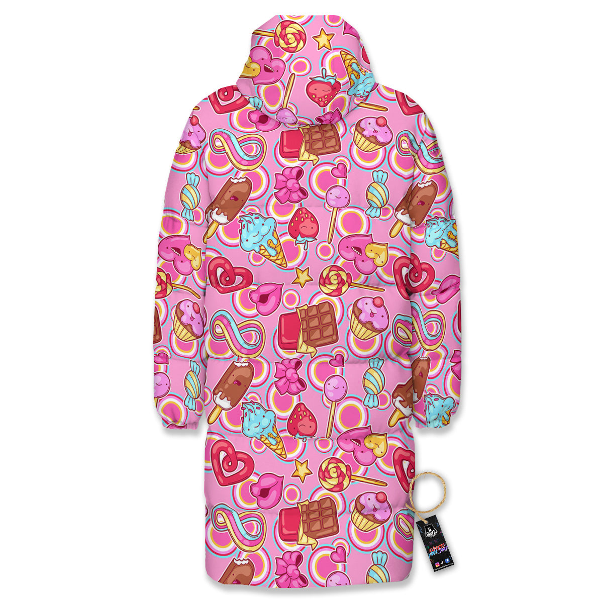 Pink Sweet Candy Print Pattern Long Down Jacket