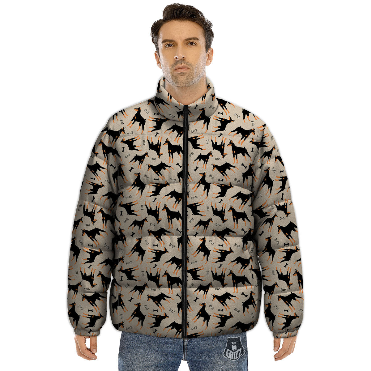 Pinscher Doberman Print Pattern Puffer Jacket-grizzshop