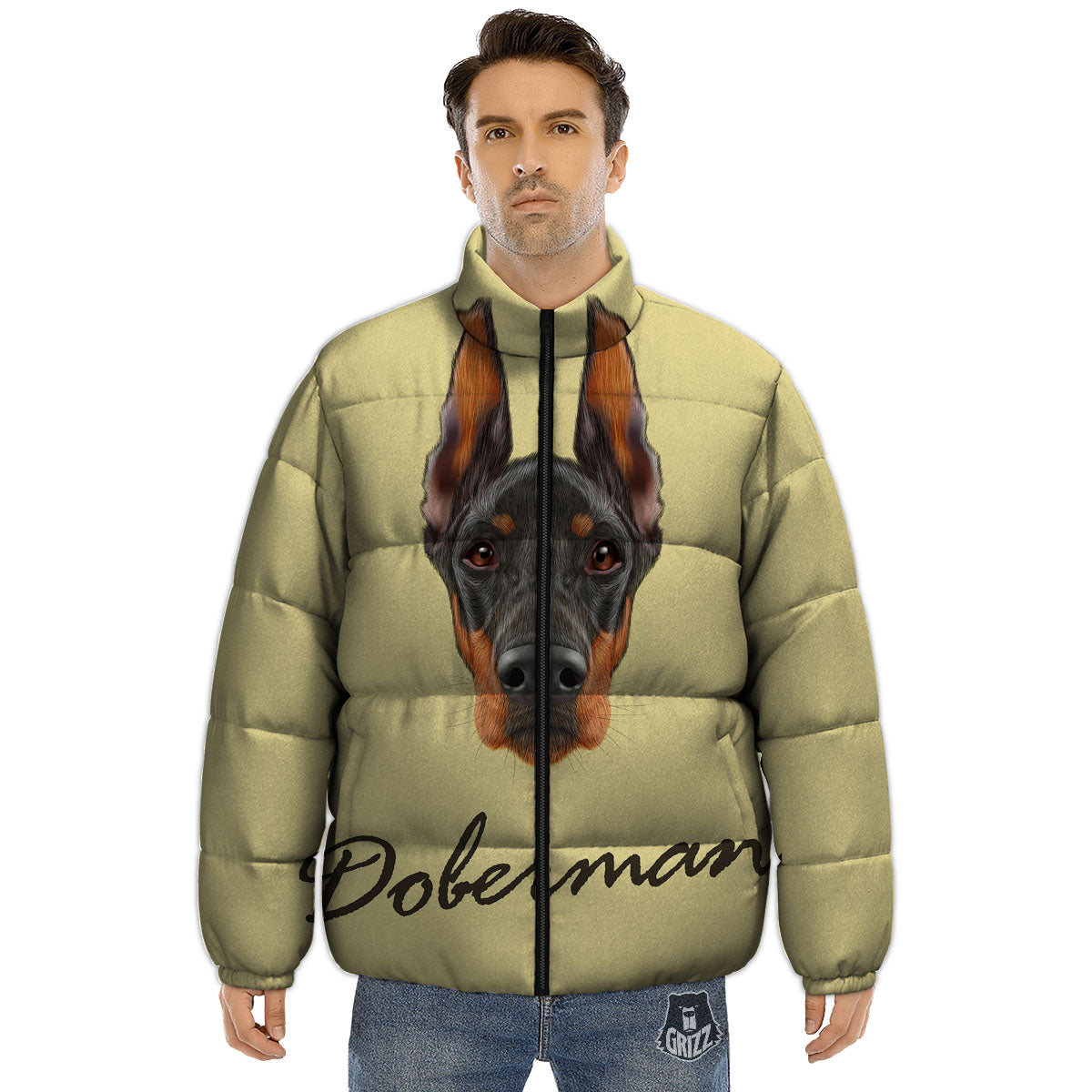 Pinscher Doberman Print Puffer Jacket-grizzshop