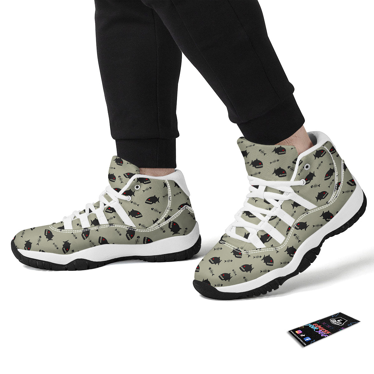 Piranha Print Pattern White Bball Shoes-grizzshop