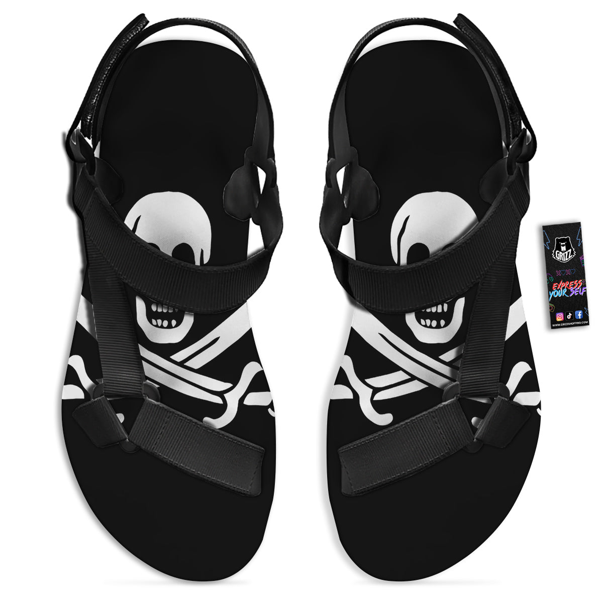 Pirate Flag Calico Jack Print Black Open Toe Sandals-grizzshop