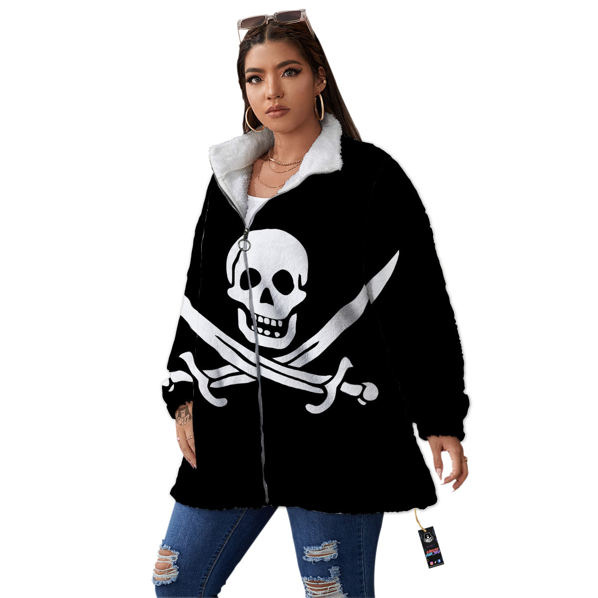 Pirate Flag Calico Jack Print Women's Sherpa Jacket-grizzshop