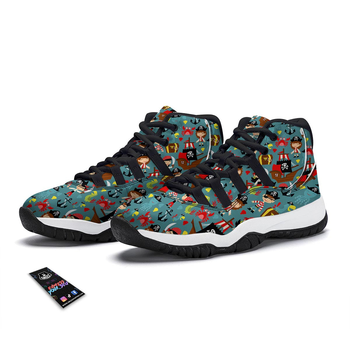 Pirate Pattern Print Black Bball Shoes-grizzshop