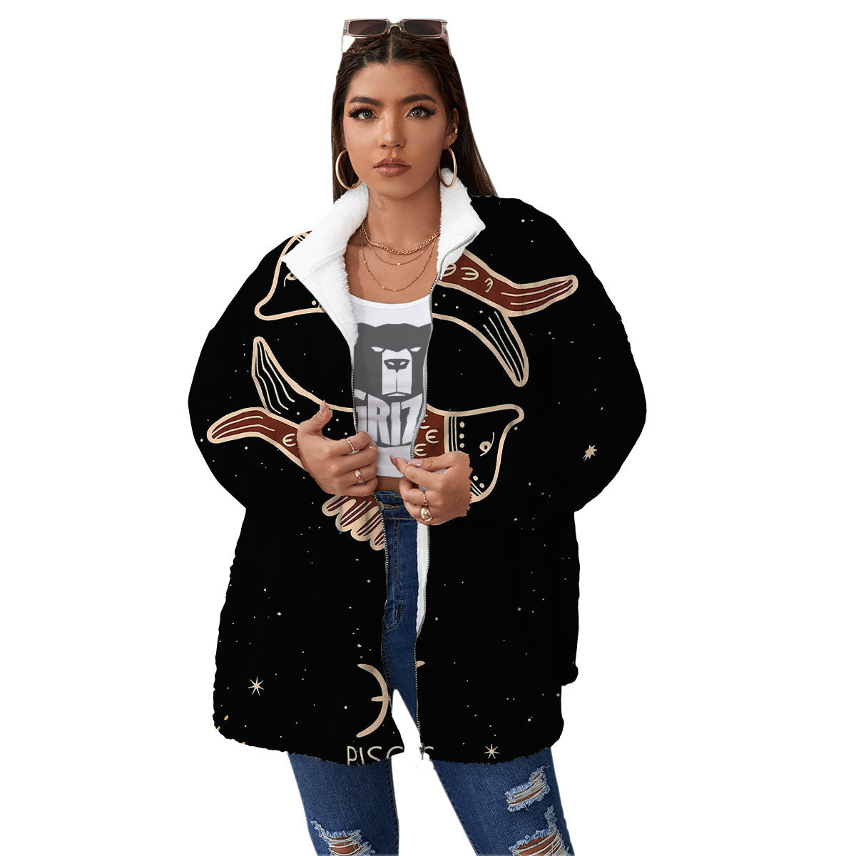 Pisces Constellation Print Women's Sherpa Jacket-grizzshop