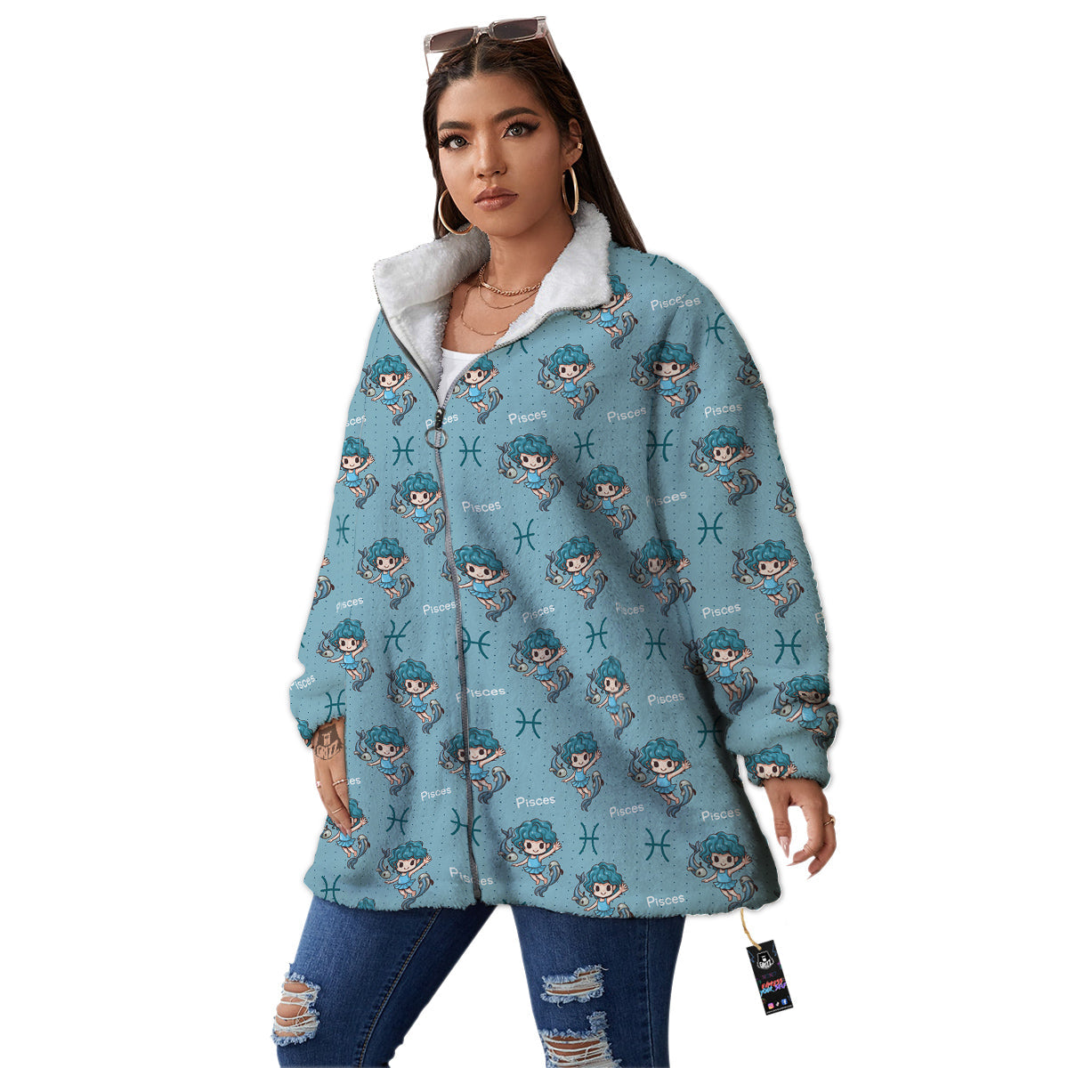 Pisces Cute Cartoon Print Pattern Women's Sherpa Jacket-grizzshop